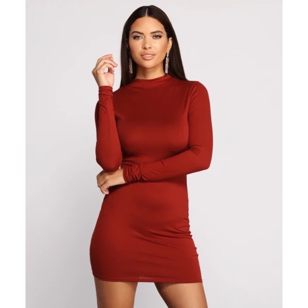 Medium Rust Color Mock Neck Mini Dress